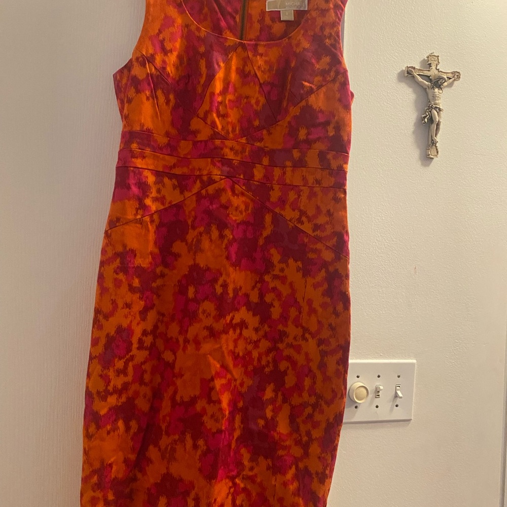 Michael KorVibrant Orange and Pink Sleeveless Dress